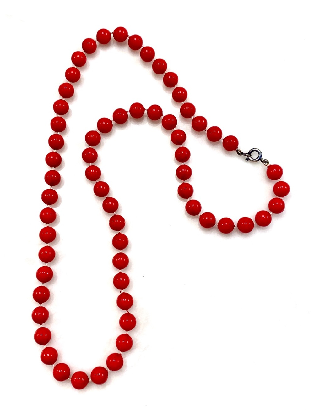 Vintage Red Round Bead Knotted Statement Necklace Silver Clasp Collar Strand